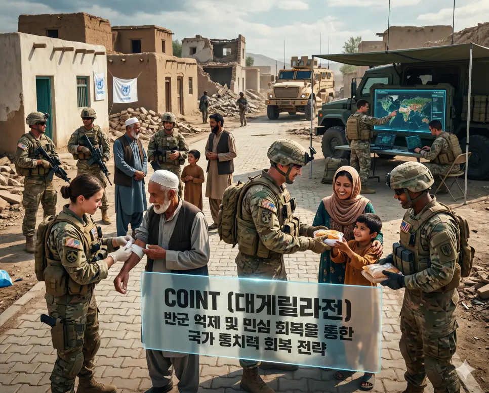 CQB 뜻, COINT 뜻, 인지전 뜻: 실내 초근접 전투와 대게릴라전 전략 및 심리 조작을 통한 인식의 전쟁 확인 2 COINT 뜻을 시각화하기 위해 분쟁 지역에서 민심을 얻고 국가 통치력을 회복하기 위해 민군이 협력하는 전략적 대게릴라전 실사 이미지