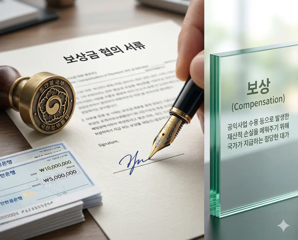 개별공시지가 뜻, 수용 뜻, 보상 뜻 정리: 땅의 공식 가격과 공익 취득 및 손실 보전 확인 3 보상 뜻을 상징하기 위해 토지 수용에 따른 정당한 손실 보전 계약을 체결하고 보상금을 지급받는 법적 권리 확보의 결정적 순간을 촬영한 실사 이미지