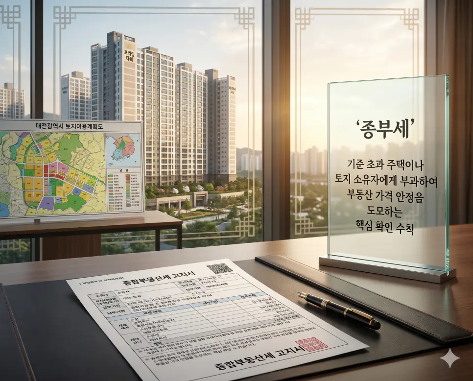 부가세 뜻, 증여세 뜻, 종부세 뜻 정리: 소비와 자산 보유 세금 원리 확인 3 종부세 뜻을 상징하기 위해 일정 기준을 초과하는 주택이나 토지 소유자에게 부동산 가격 안정을 목적으로 부과되는 국가 고지서의 실사 이미지