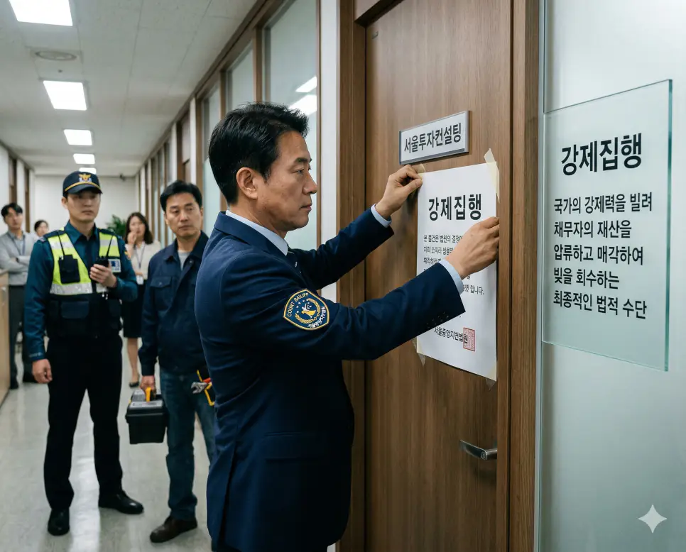 상계 뜻, 공탁 뜻, 강제집행 뜻 정리: 빚의 맞교환과 법적 변제 및 강제 회수 확인 3 강제집행 뜻을 상징하기 위해 법원의 집행 권원을 바탕으로 채무자의 재산을 압류하고 경매 절차에 들어감을 알리는 공식 통지서를 부착하는 실사 이미지