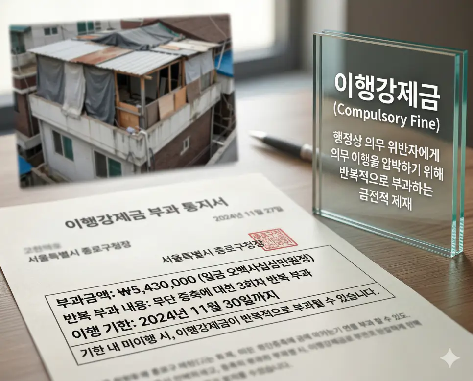 명도소송 뜻, 전입신고 뜻, 이행강제금 뜻 정리: 강제 퇴거와 거주지 등록 및 이행 압박 확인 3 이행강제금 뜻을 상징하기 위해 행정법상 의무를 이행하지 않은 위반자에게 시정할 때까지 반복적으로 부과되는 금전적 제재 통지서를 촬영한 실사 이미지