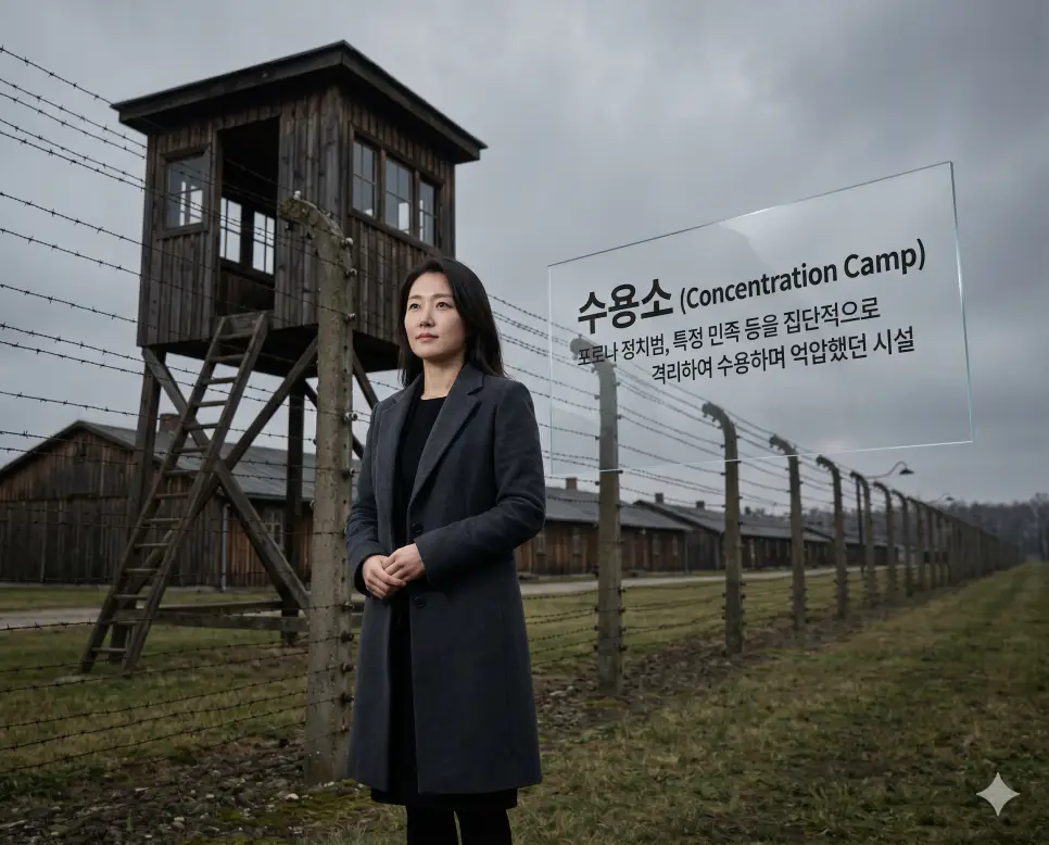 학살 뜻, 수용소 뜻, 전범 뜻: 반인륜적 폭력과 집단 격리 시설 및 전쟁 범죄자 확인 2 수용소 뜻을 시각화하기 위해 한국인 인권 옹호가가 역사적으로 특정 민족을 격리하고 억압했던 수용소 시설의 감시탑과 철조망 앞에서 역사를 성찰하는 고품격 실사 이미지