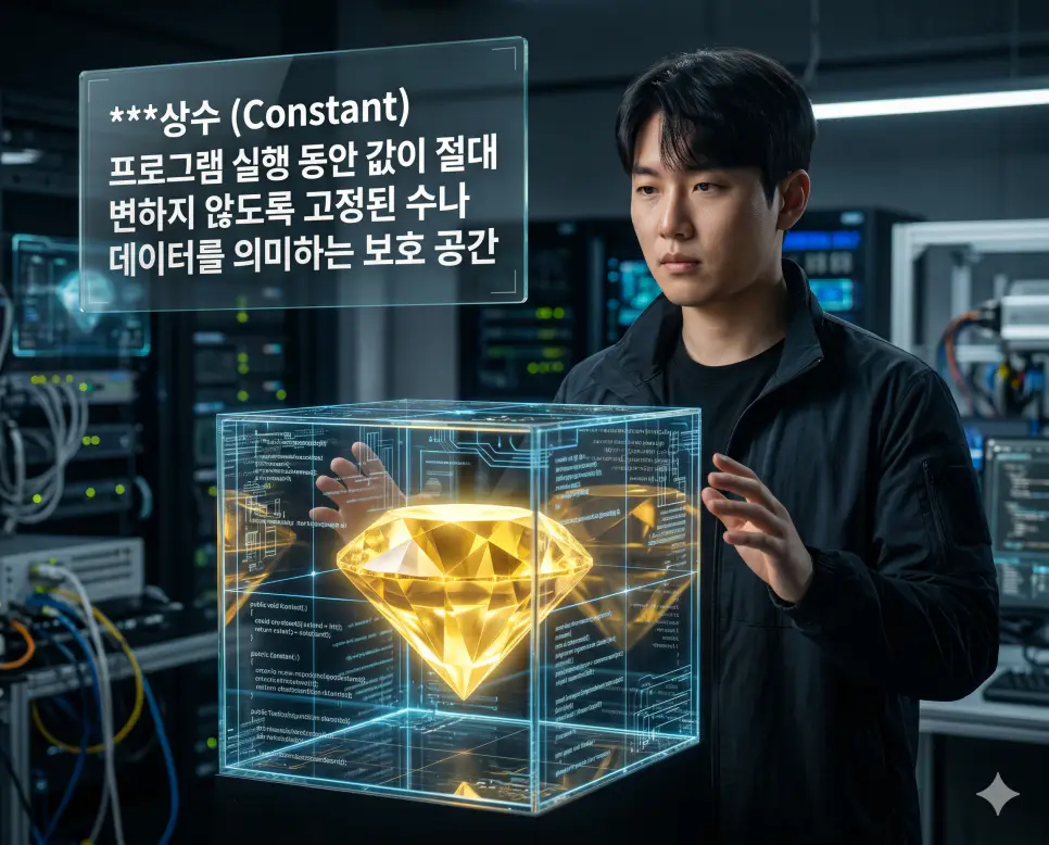 상수 뜻을 설명하기 위해 한국인 엔지니어가 변하지 않는 고정 데이터를 상징하는 유리 큐브 속의 황금빛 다이아몬드를 보호하는 시네마틱 이미지
