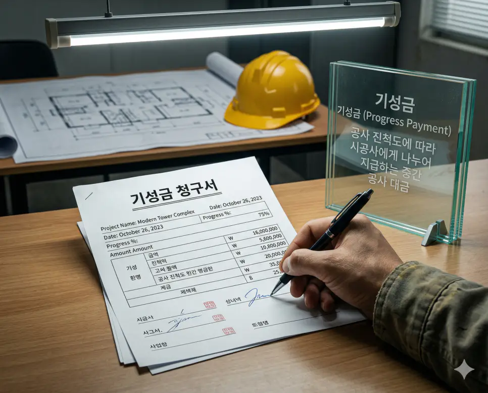 기성금 뜻을 상징하기 위해 공사 완료 전 현재까지의 진척도인 기성고에 따라 시공사에게 중간 대금을 지급하는 건설 행정 절차의 실사 이미지