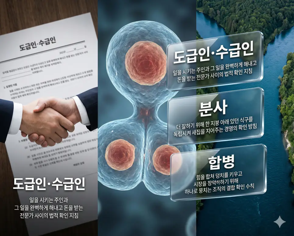 도급인 수급인 뜻, 분사 뜻, 합병 뜻 정리: 비즈니스 계약과 조직 개편 확인 4 도급인 수급인, 분사, 합병 키워드 정의와 각각의 기업 계약 및 조직 개편 상황을 사실적인 배경 위에 유리 패널로 정리한 고품격 실사 인포그래픽