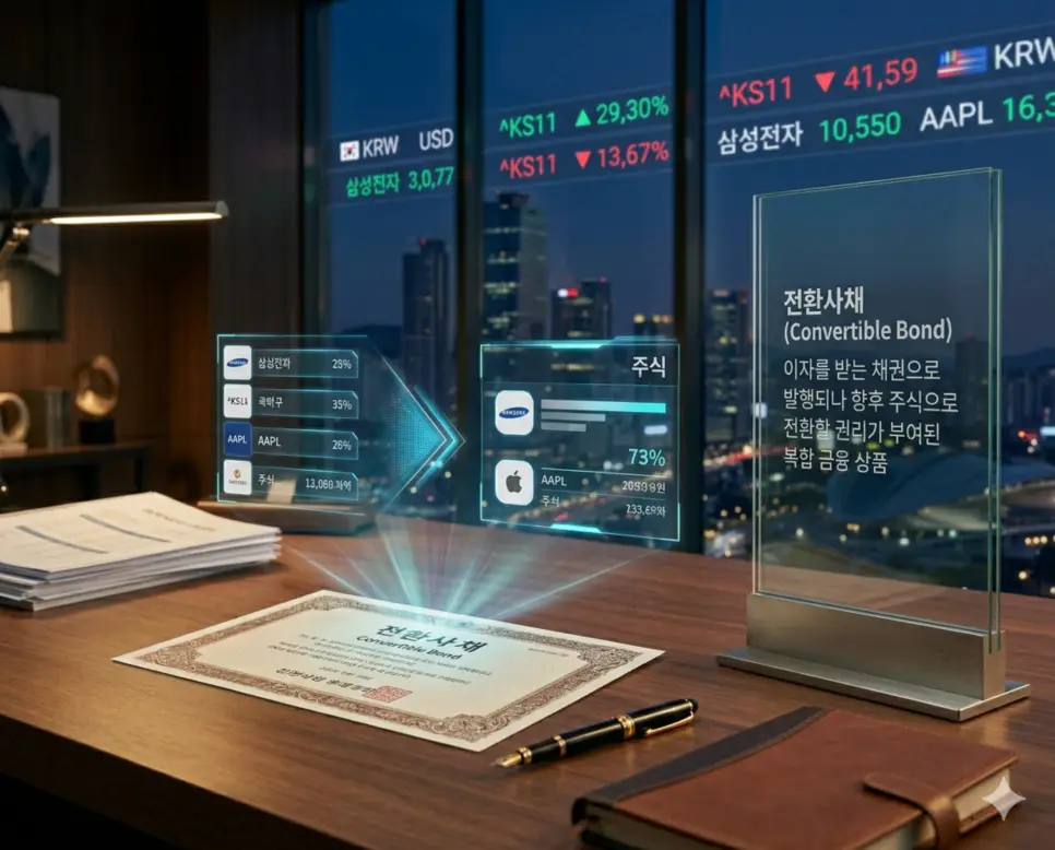 전환사채 뜻을 시각화하기 위해 채권에서 주식으로 전환 가능한 권리가 부여된 복합 금융 상품의 증서와 주식 시장 그래프를 결합한 실사 이미지
