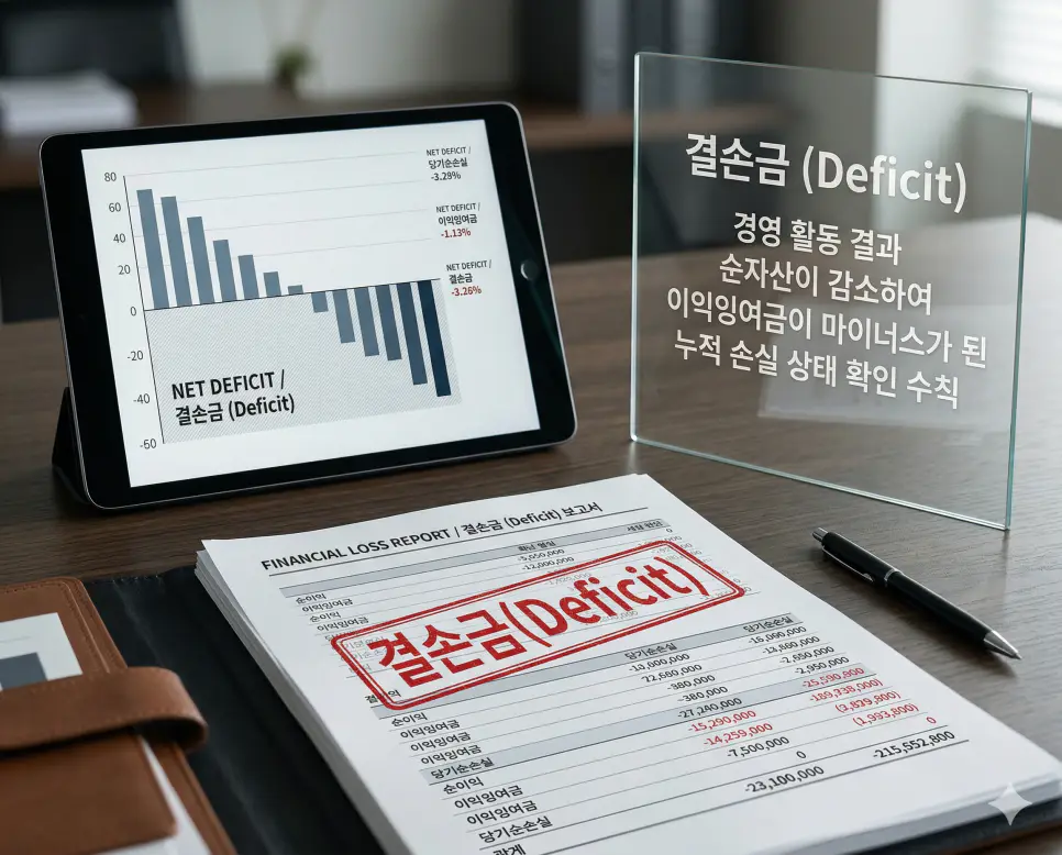 결손금 뜻을 상징하기 위해 경영 활동 손실로 인해 이익잉여금이 마이너스가 된 기업의 재무 보고서와 빨간색 마이너스 지표를 담은 실사 이미지