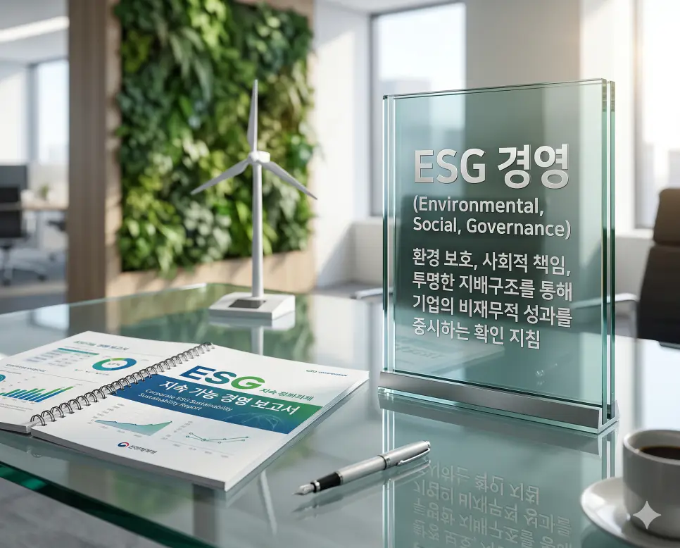 ESG 경영 뜻을 설명하기 위해 환경 보호와 사회적 책임, 투명한 지배구조를 실천하는 기업의 지속 가능 경영 보고서와 친환경 요소를 담은 실사 이미지