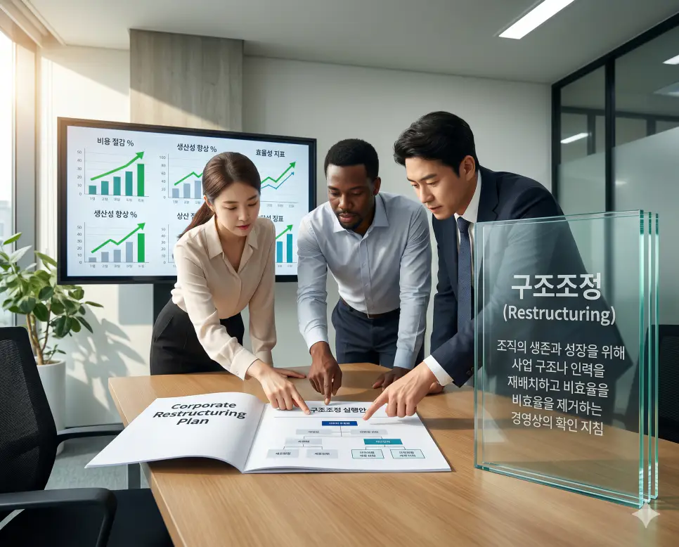 구조조정 뜻, 명예퇴직 뜻, 채무조정 뜻 정리: 경제적 회생과 생존 전략 확인 1 구조조정 뜻을 설명하기 위해 조직의 생존과 성장을 위해 사업 구조나 인력을 재배치하고 비효율적인 요소를 제거하는 실행안과 경영팀의 실사 이미지