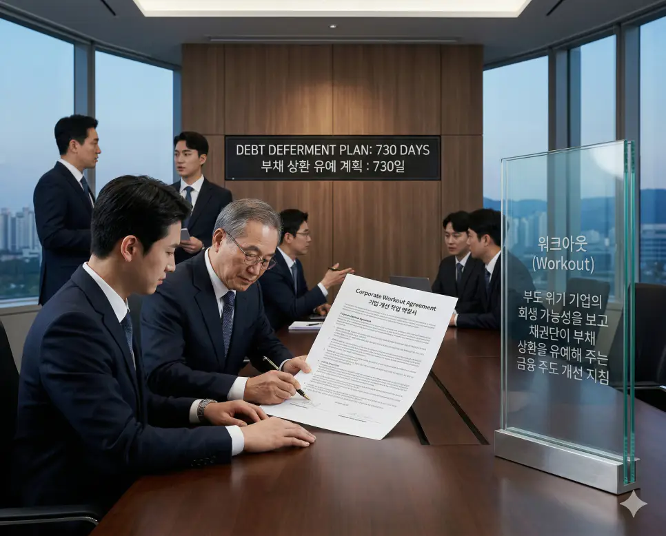 워크아웃 뜻, 면책 뜻, 청산 뜻 정리: 기업 구조조정과 채무 면제 및 자산 정리 확인 1 워크아웃 뜻을 설명하기 위해 부도 위기 기업을 대상으로 채권단이 부채 상환을 유예하고 개선 작업을 진행하는 법적 약정서의 실사 이미지