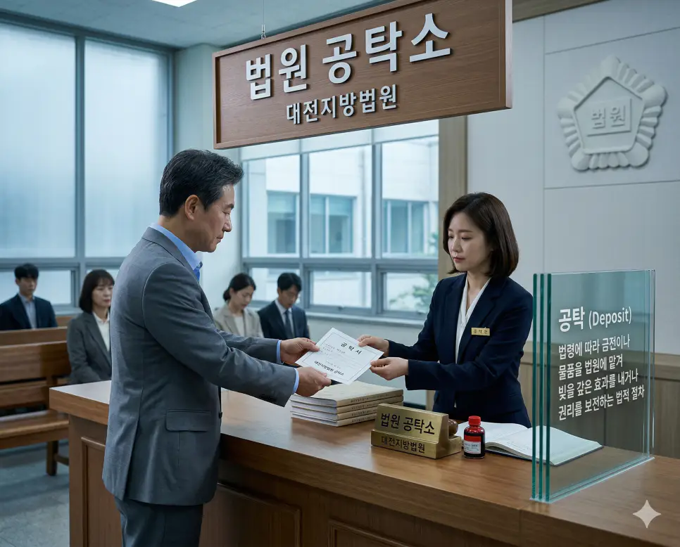 상계 뜻, 공탁 뜻, 강제집행 뜻 정리: 빚의 맞교환과 법적 변제 및 강제 회수 확인 2 공탁 뜻을 시각화하기 위해 채무 변제나 권리 보전을 목적으로 법원 공탁소에 금전을 맡기고 공식 증서를 수령하는 절차를 담은 실사 이미지
