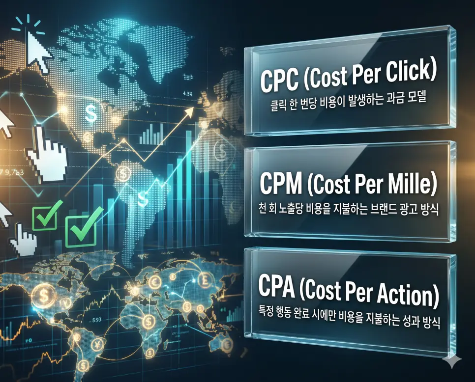 CPC 뜻, CPM 뜻, CPA 뜻 정리: 온라인 광고 과금 방식과 마케팅 모델 확인 4 한국인 전문가들과 함께 CPC, CPM, CPA의 각 과금 방식과 성과 지표를 분석하여 온라인 수익 창출을 위한 최적의 마케팅 전략을 진단하는 프리미엄 포스터 이미지