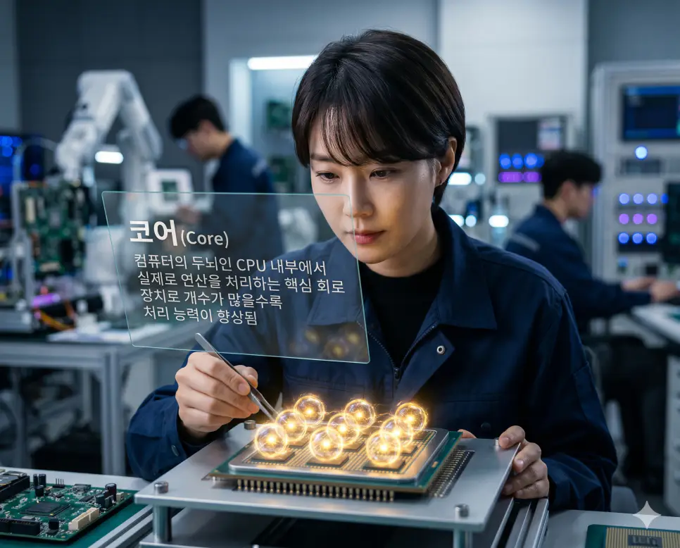 스냅샷 뜻, 코어 뜻, 오버클럭 뜻: 순간 기록 데이터와 CPU 핵심 장치 및 성능 강제 향상 확인 2 코어 뜻을 시각화하기 위해 한국인 디자이너가 CPU 내부에서 실제로 연산을 처리하는 핵심 장치인 여러 개의 에너지 구체를 정밀 분석하는 고품격 실사 이미지