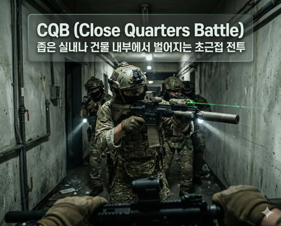 CQB 뜻, COINT 뜻, 인지전 뜻: 실내 초근접 전투와 대게릴라전 전략 및 심리 조작을 통한 인식의 전쟁 확인 1 CQB 뜻을 설명하기 위해 먼지가 날리는 좁은 건물 내부에서 전술팀이 레이저 조준경을 이용해 정밀하게 진입하는 긴박한 초근접 전투 시네마틱 이미지