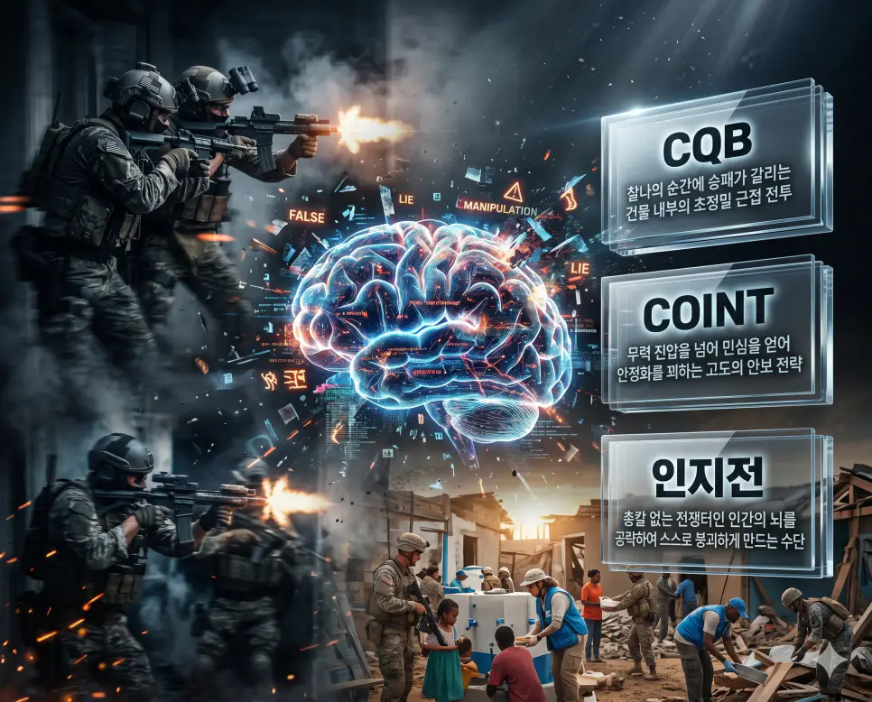 CQB 뜻, COINT 뜻, 인지전 뜻: 실내 초근접 전투와 대게릴라전 전략 및 심리 조작을 통한 인식의 전쟁 확인 4 한국인 전문가와 함께 CQB, COINT, 인지전의 관계를 분석하여 실내 전술과 안정화 작전 및 뇌 영역의 전쟁을 진단하는 역대급 비주얼 포스터 이미지