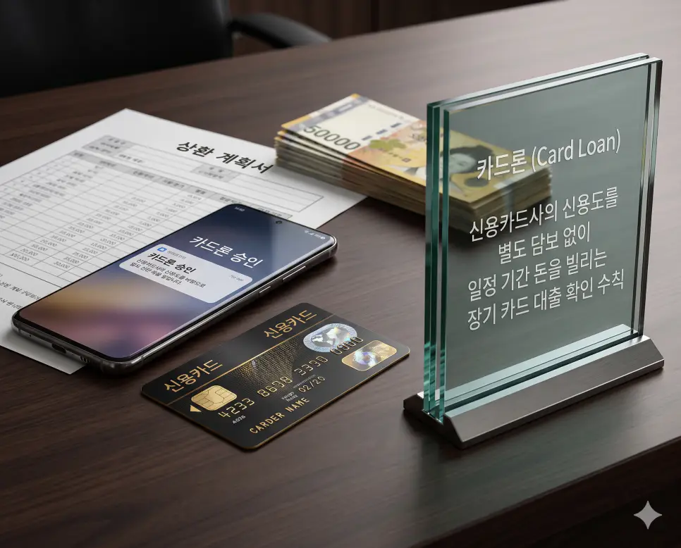 파킹통장 뜻, 환매 뜻, 카드론 뜻 정리: 자산 유동성과 금융 서비스 활용 확인 3 카드론 뜻을 상징하기 위해 신용카드사의 신용도를 바탕으로 별도 담보 없이 일정 기간 돈을 빌리는 서비스 안내와 신용카드가 놓인 금융 상담 테이블 실사 이미지