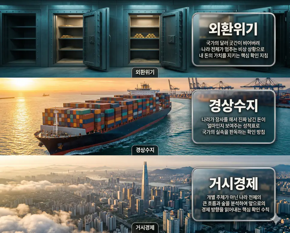 외환위기 뜻, 경상수지 뜻, 거시경제 뜻: 국가 현금 고갈과 거래 성적 및 거대 경제 분석 4 외환위기, 경상수지, 거시경제 뜻의 정의와 핵심 아이콘을 사실적인 배경 위에 유리 패널로 정리한 고품격 실사 인포그래픽