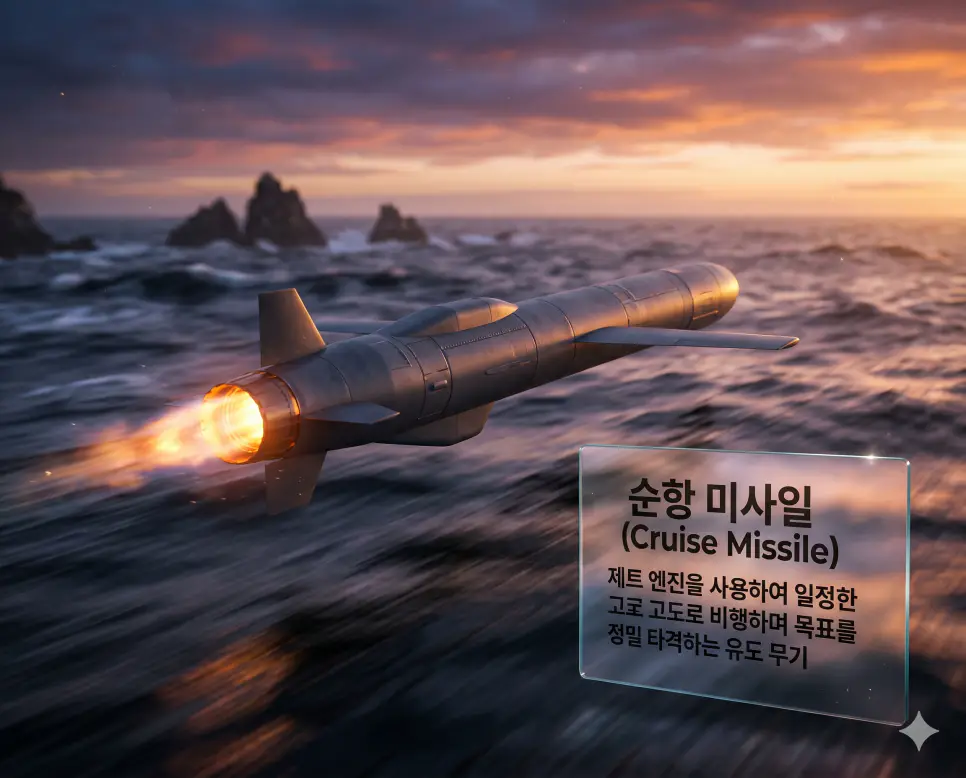 순항 미사일 뜻을 정의하기 위해 새벽 바다 위를 저고도로 초고속 비행하는 최첨단 유도 무기의 압도적인 비주얼 이미지