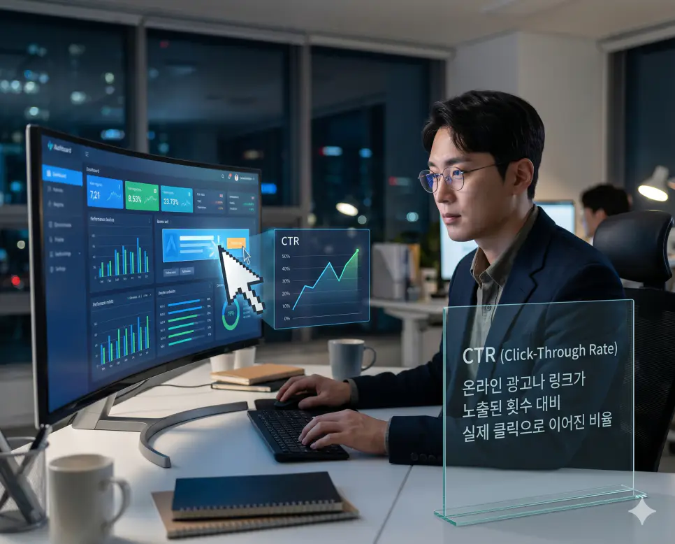 HTTP 뜻, FTP 뜻, CTR 뜻 정리: 웹 통신 규약과 마케팅 핵심 지표 확인 3 CTR 뜻을 정의하기 위해 한국인 마케터가 온라인 광고의 노출 횟수 대비 실제 클릭 비율을 분석하며 마케팅 효율을 진단하는 실사 이미지