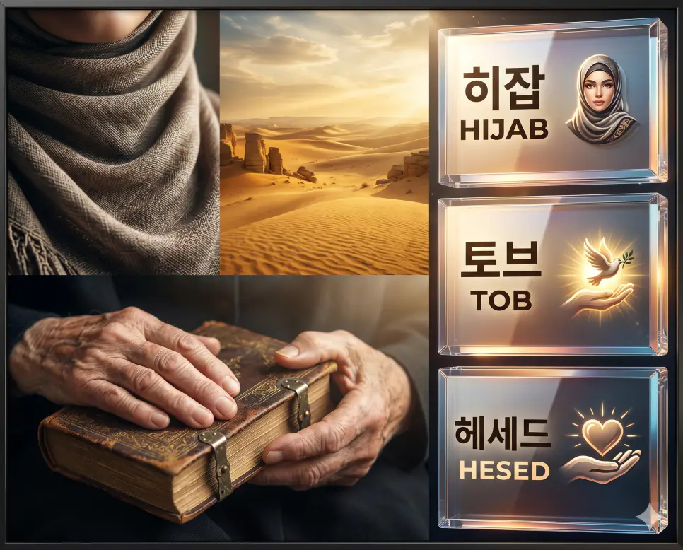 히잡 뜻, 토브 뜻, 헤세드 뜻: 이슬람 여성의 베일과 히브리어의 선함 및 변함없는 사랑 확인 4 한국인 전문가와 함께 히잡, 토브, 헤세드의 의미와 역사적 배경을 분석하여 문화적 신념과 신의 사랑을 진단하는 역대급 비주얼 포스터 이미지