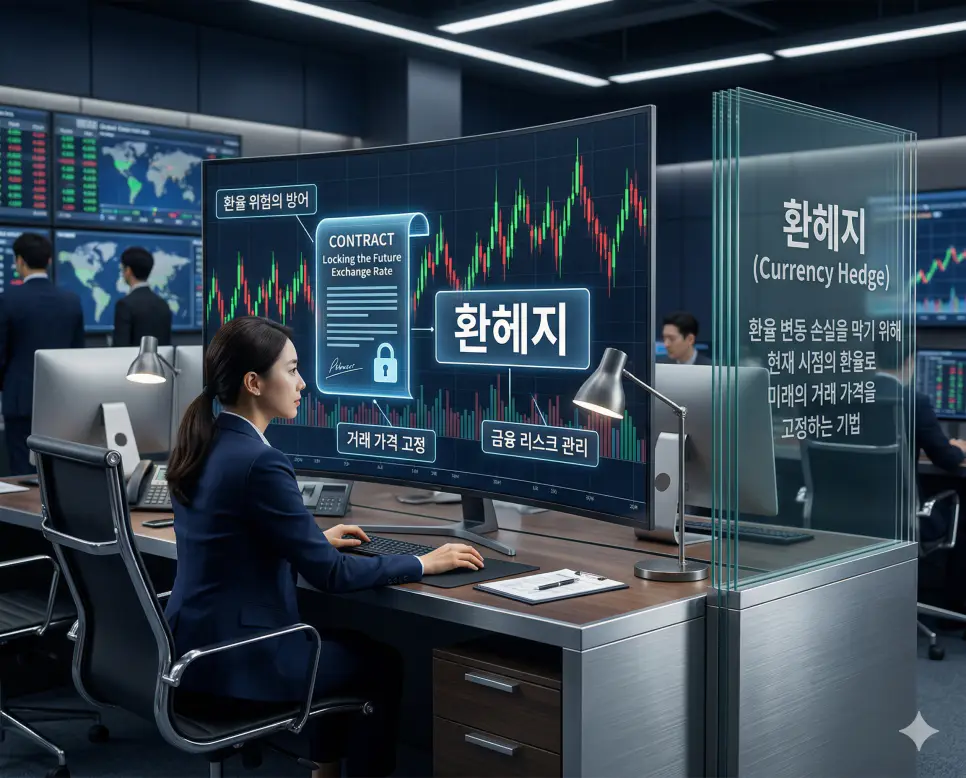 평가절하 뜻, 환헤지 뜻, 환차익 뜻: 통화 가치 하락과 환리스크 방어 및 환율 수익 정리 2 환율 변동 리스크를 막기 위해 미래 거래 가격을 현재 환율로 고정하는 금융 리스크 관리 기법인 환헤지 실사 이미지