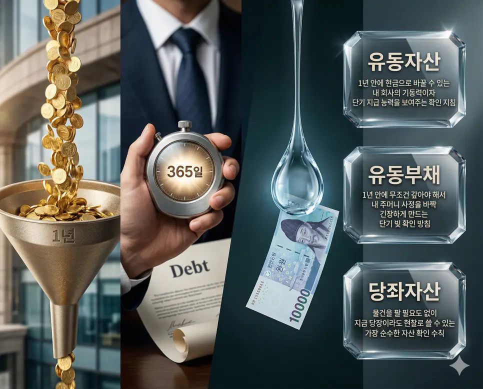 유동자산, 유동부채, 당좌자산 키워드 정의와 각각의 현금 흐름 및 자금 관리 상황을 사실적인 배경 위에 유리 패널로 정리한 고품격 실사 인포그래픽