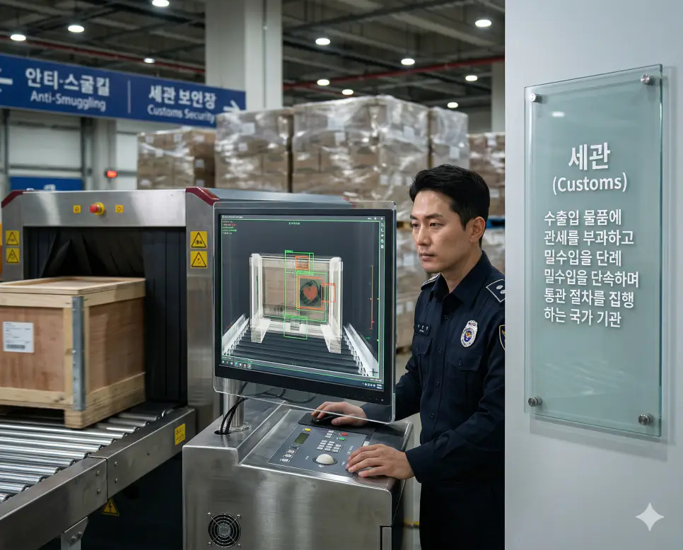 통관 뜻, 세관 뜻, 덤핑 뜻: 국경 허가 절차와 파수꾼 및 불공정 무역 행위 정리 2 공항 화물 터미널의 엑스레이 판독 부스에서 세관원이 모니터의 이상 징후를 면밀히 분석하는 생생한 실사 촬영 이미지