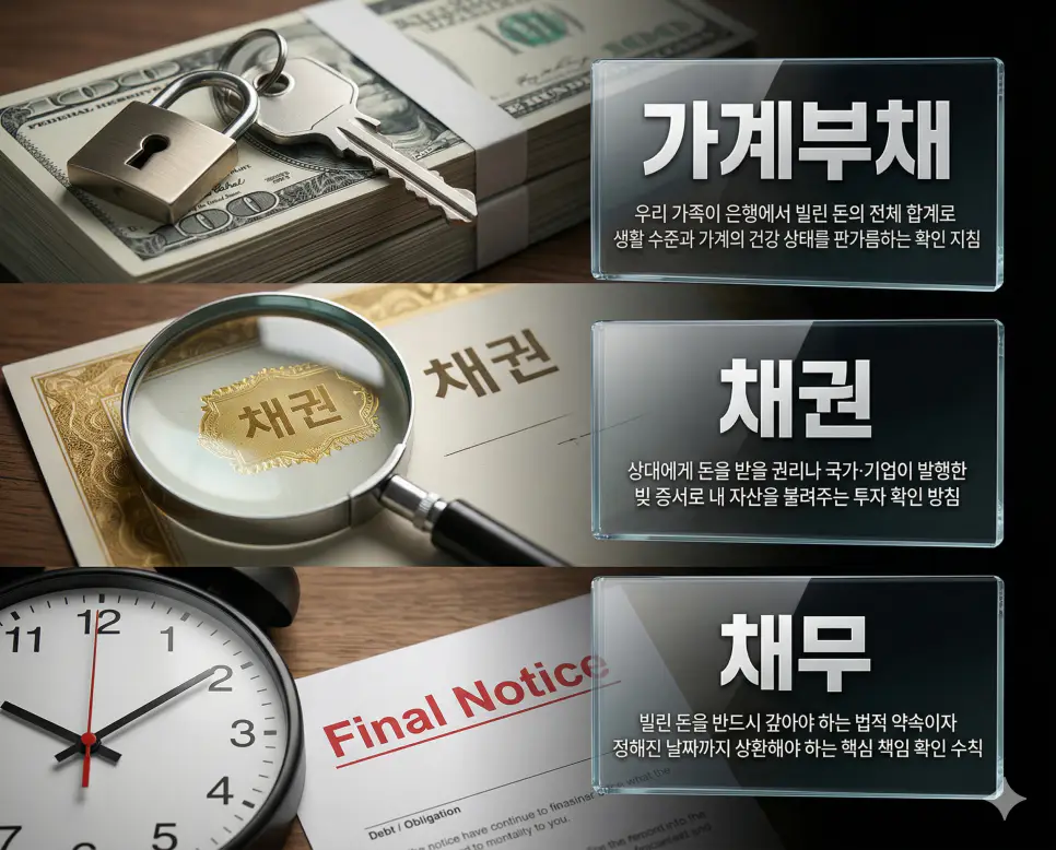 가계부채 뜻, 채권 뜻, 채무 뜻: 개인의 빚과 받을 권리 및 갚을 의무 재무 정리 4 가계부채, 채권, 채무 키워드 정의와 각각의 재무 상황을 상징하는 사실적인 배경 위에 유리 패널로 정리한 고품격 실사 인포그래픽