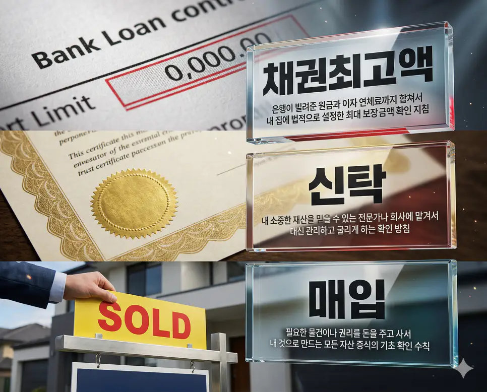 채권최고액, 신탁, 매입 키워드 정의와 각각의 담보 설정 및 자산 취득 상황을 사실적인 배경 위에 유리 패널로 정리한 고품격 실사 인포그래픽