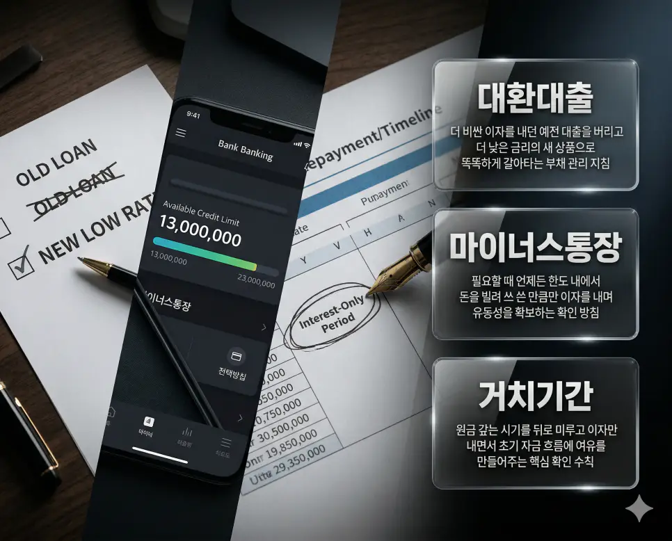 대환대출 뜻, 마이너스통장 뜻, 거치기간 뜻 정리: 이자 절감과 유동성 확보 확인 4 대환대출, 마이너스통장, 거치기간 키워드 정의와 각각의 부채 관리 및 유동성 확보 상황을 상징하는 사실적인 배경 위에 유리 패널로 정리한 고품격 실사 인포그래픽