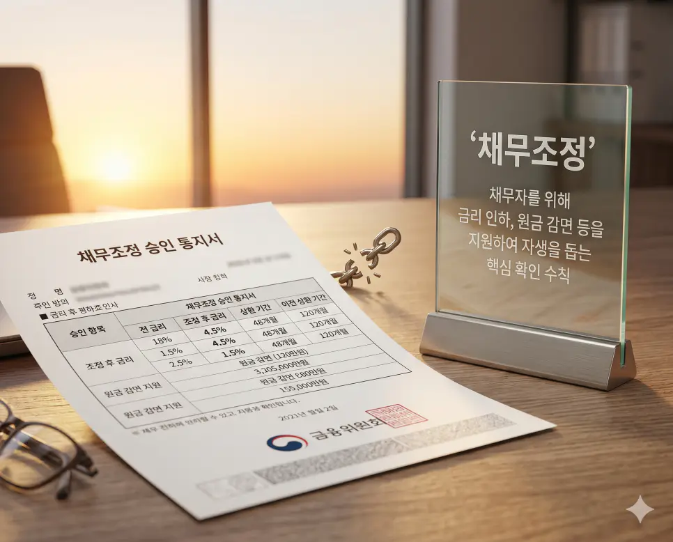 구조조정 뜻, 명예퇴직 뜻, 채무조정 뜻 정리: 경제적 회생과 생존 전략 확인 3 채무조정 뜻을 상징하기 위해 빚을 갚기 어려운 채무자를 위해 금리 인하와 상환 기간 연장 등을 지원하여 재무적 회생을 돕는 승인 통지서의 실사 이미지