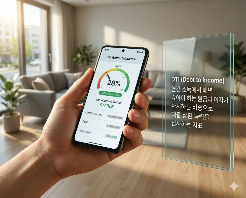 유보금 뜻, DTI 뜻, 주택담보대출 뜻 정리: 사내 저축과 대출 상환 능력 및 담보 대출 확인 2 DTI 뜻을 시각화하기 위해 스마트폰 대출 상환 능력 계산기로 소득 대비 부채 비중을 분석하며 승인 가능성을 확인하는 생생한 실사 이미지