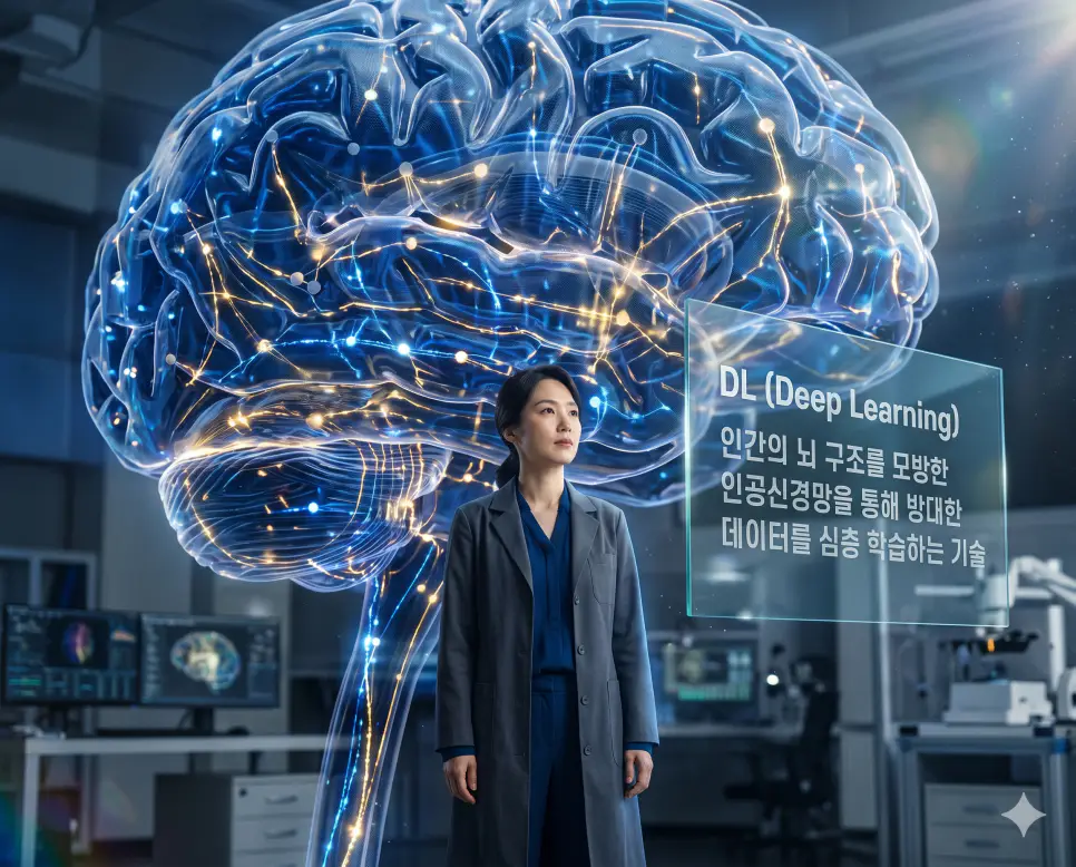 DL 뜻을 시각화하기 위해 한국인 AI 연구원이 인간의 뇌 구조를 모방한 거대하고 복잡한 인공신경망 딥러닝 구조를 점검하며 학습 데이터를 분석하는 고품격 실사 이미지