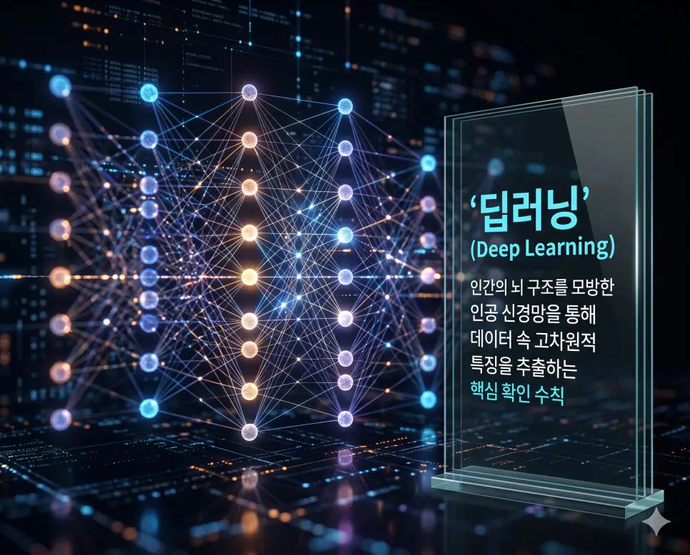 인공지능 뜻, 머신러닝 뜻, 딥러닝 뜻 정리: AI 핵심 기술과 작동 원리 확인 3 딥러닝 뜻을 상징하기 위해 인간의 뇌 구조를 모방한 인공 신경망의 다층 구조를 통해 복잡한 데이터 속에서 특징을 추출하는 발광하는 신경망 실사 이미지