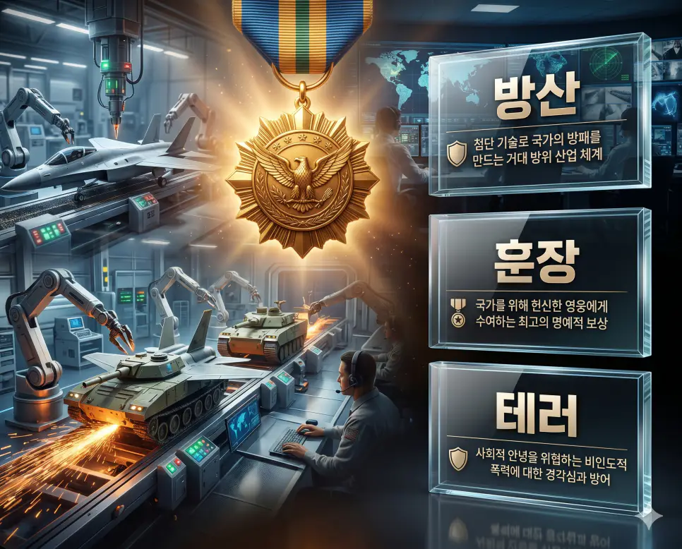 한국인 전문가와 함께 방산, 훈장, 테러의 개념과 사회적 영향을 분석하여 국가 산업과 명예 및 안보 전략을 진단하는 역대급 비주얼 포스터 이미지