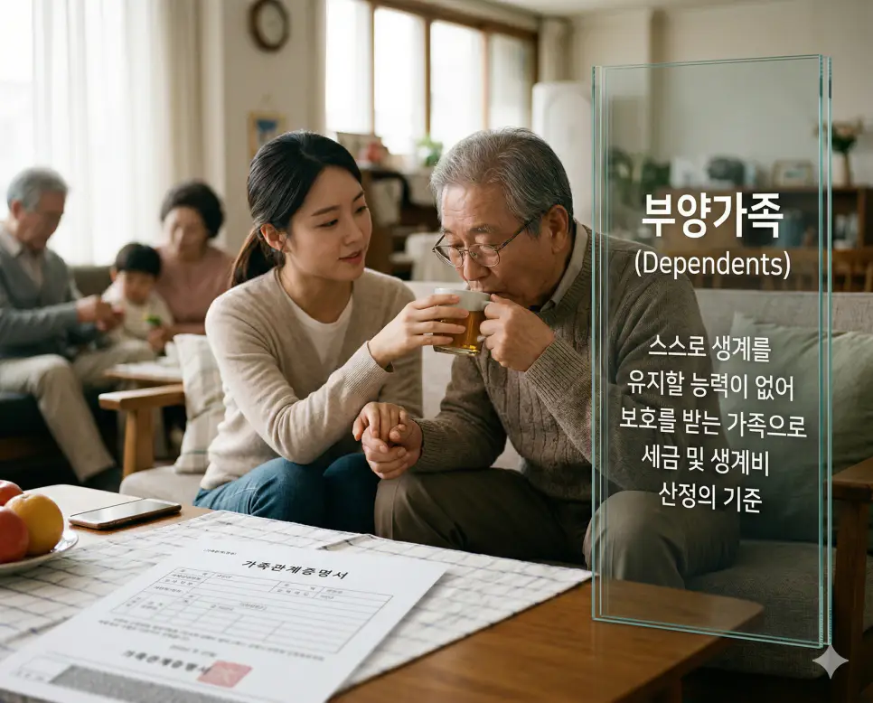 계약금 뜻, 개인회생 뜻, 부양가족 뜻 정리: 계약 증거금과 채무 재조정 및 생계 기준 확인 3 부양가족 뜻을 상징하기 위해 스스로 생계 유지가 힘든 가족 구성원을 돌보며 세금 공제 및 생계비 산정의 기준이 됨을 보여주는 따뜻한 가족 실사 이미지