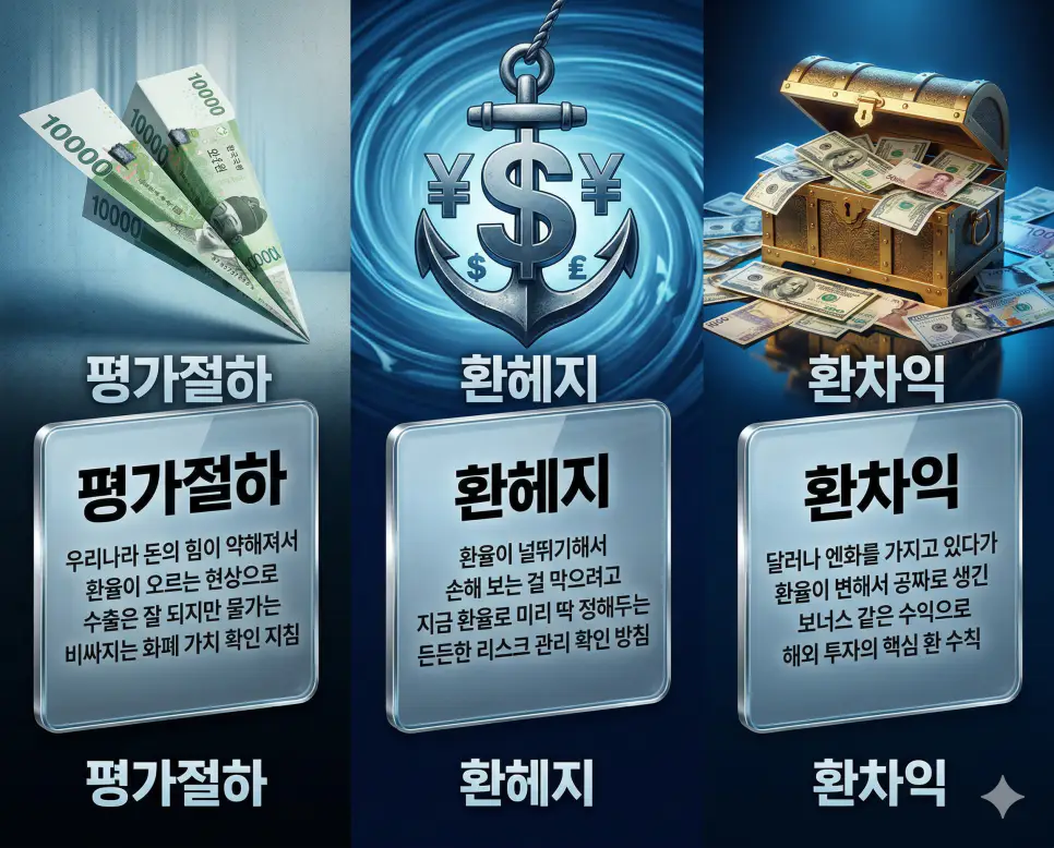 평가절하 뜻, 환헤지 뜻, 환차익 뜻: 통화 가치 하락과 환리스크 방어 및 환율 수익 정리 4 평가절하, 환헤지, 환차익 뜻의 정의와 핵심 상징 아이콘을 대전 배경의 세 개 유리 패널에 정리한 고품격 인포그래픽 실사 이미지