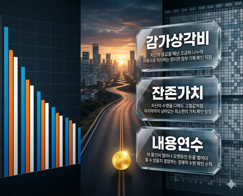 감가상각비 뜻, 잔존가치 뜻, 내용연수 뜻 정리: 자산 수명과 회계적 가치 배분 확인 4 감가상각비, 잔존가치, 내용연수 키워드 정의와 각각의 자산 수명 및 비용 배분 상황을 사실적인 배경 위에 유리 패널로 정리한 고품격 실사 인포그래픽