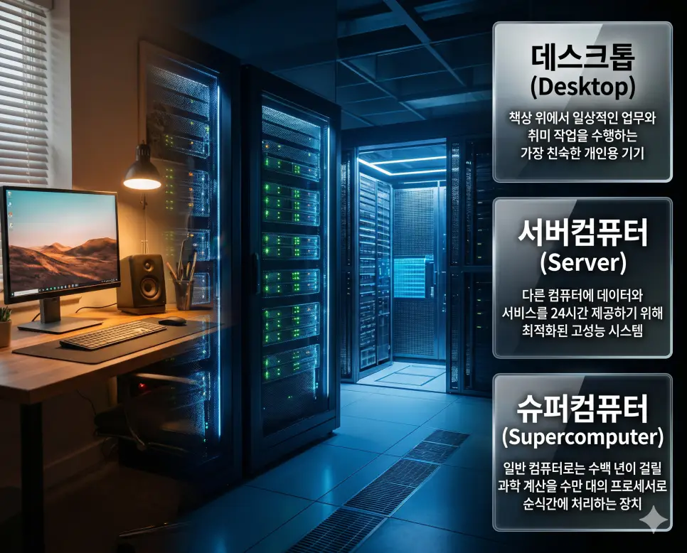 데스크톱 뜻, 서버컴퓨터 뜻, 슈퍼컴퓨터 뜻: 개인용 탁상 컴퓨터와 정보 제공자 및 극한 연산 확인 4 한국인 전문가들과 함께 데스크톱, 서버컴퓨터, 슈퍼컴퓨터의 관계를 분석하여 개인용 기기부터 극한 연산 시스템의 핵심 원리를 진단하는 역대급 비주얼 포스터 이미지