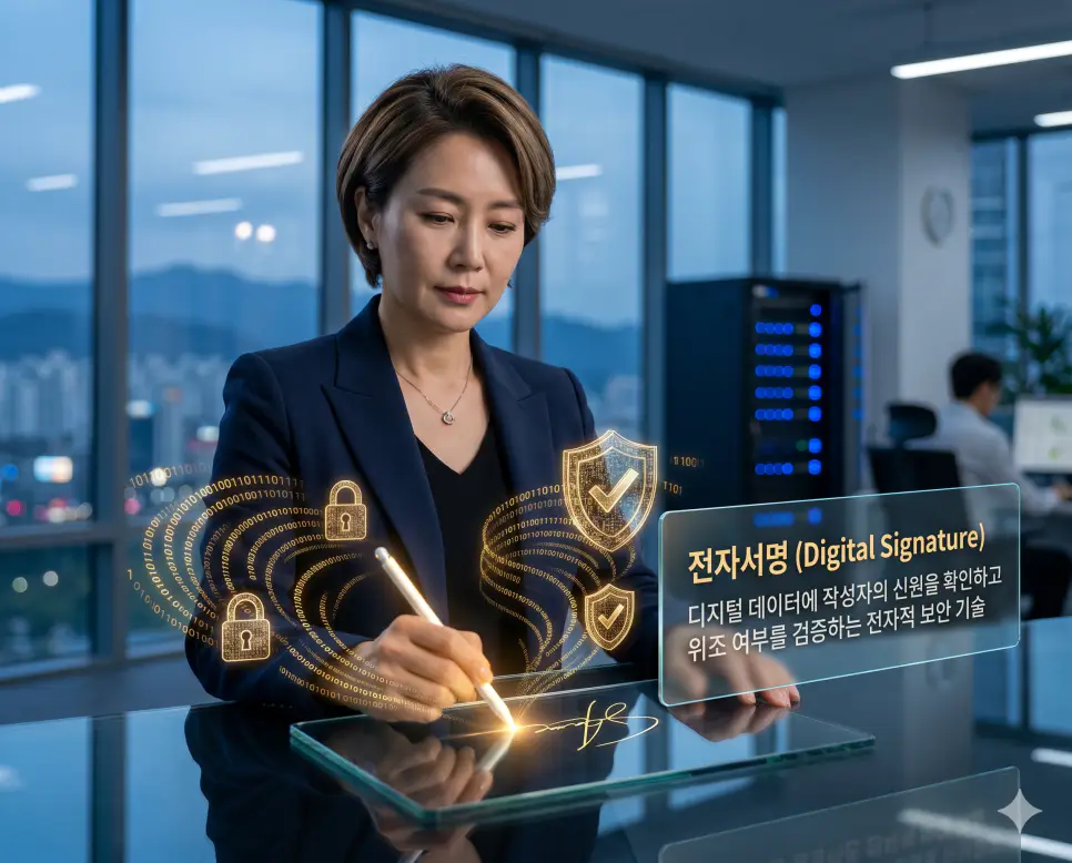 블루레이 뜻, 전자서명 뜻, 공인인증서 뜻: 고화질 저장 매체와 디지털 보안 및 신분 증명 확인 2 전자서명 뜻을 시각화하기 위해 한국인 CEO가 투명 태블릿에 디지털 펜으로 서명하며 작성자의 신원을 보안 검증하는 과정을 보여주는 고품격 실사 이미지