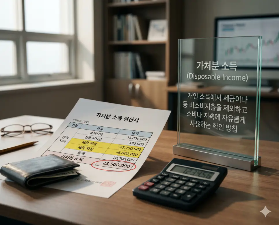 가처분 소득 뜻을 시각화하기 위해 전체 소득에서 세금과 비소비지출을 제외하고 실제로 소비나 저축에 사용할 수 있는 금액을 계산하는 지갑과 계산기 실사 이미지