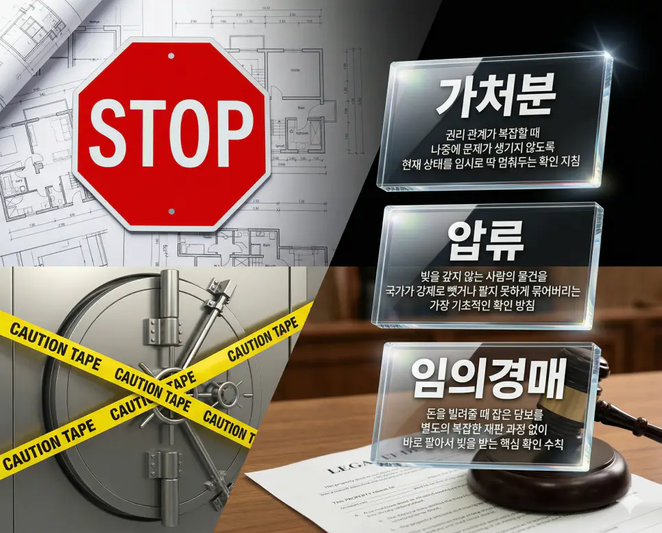 가처분, 압류, 임의경매 키워드 정의와 각각의 법적 권리 고정 및 강제 집행 상황을 사실적인 배경 위에 유리 패널로 정리한 고품격 실사 인포그래픽