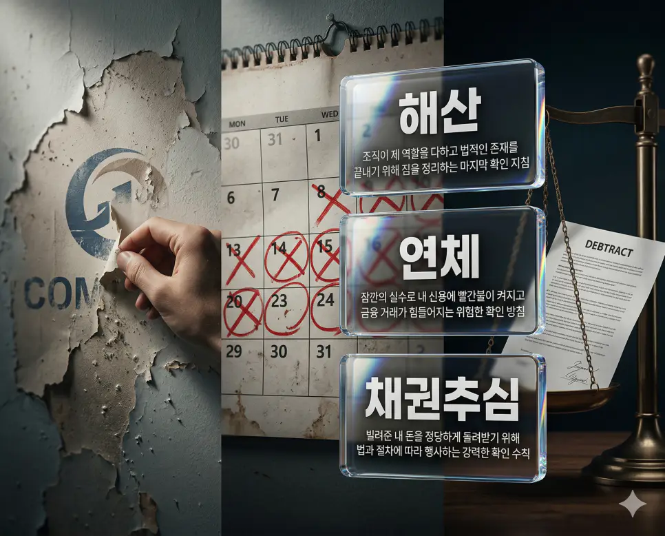 해산 뜻, 연체 뜻, 채권추심 뜻 정리: 조직 소멸과 상환 지체 및 권리 행사 확인 4 해산, 연체, 채권추심 키워드 정의와 각각의 조직 소멸 및 채무 이행 상황을 사실적인 배경 위에 유리 패널로 정리한 고품격 실사 인포그래픽