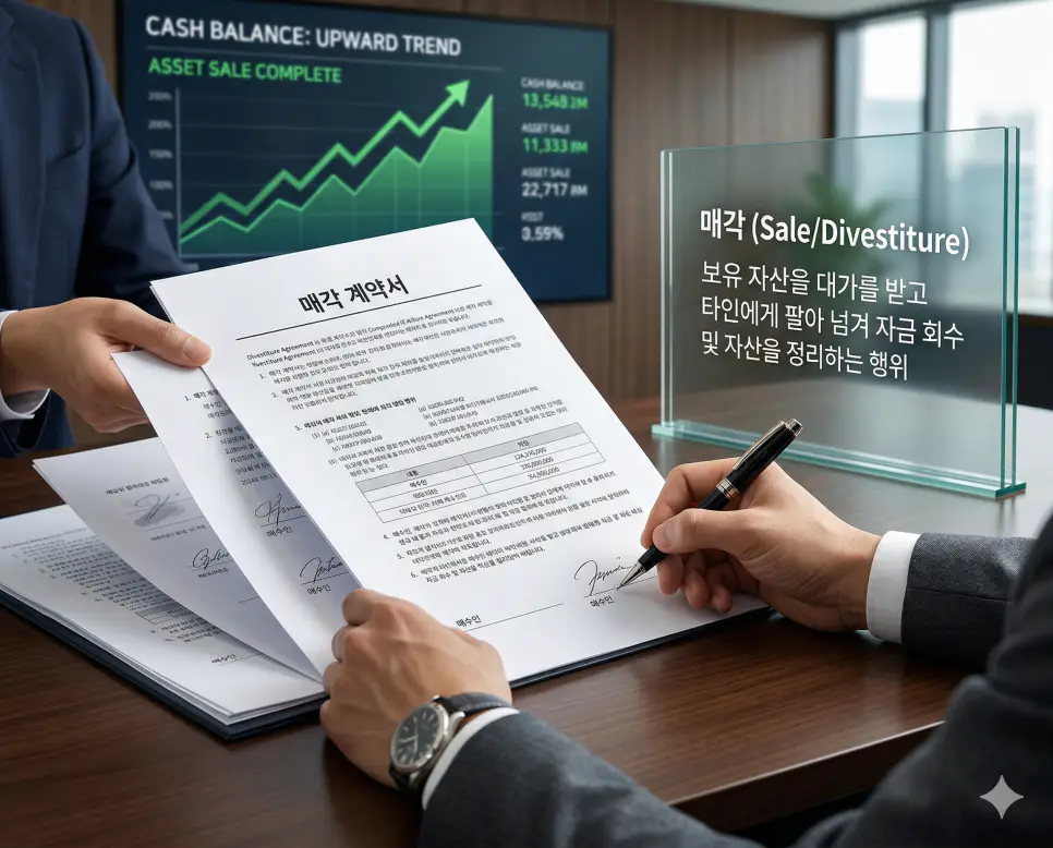 양도인 뜻, 양수인 뜻, 매각 뜻 정리: 권리 이전 주체와 자산 처분 확인 3 매각 뜻을 상징하기 위해 보유 자산을 전략적으로 처분하여 자금을 회수하고 자산 정리를 완료하는 비즈니스 계약 현장의 실사 이미지
