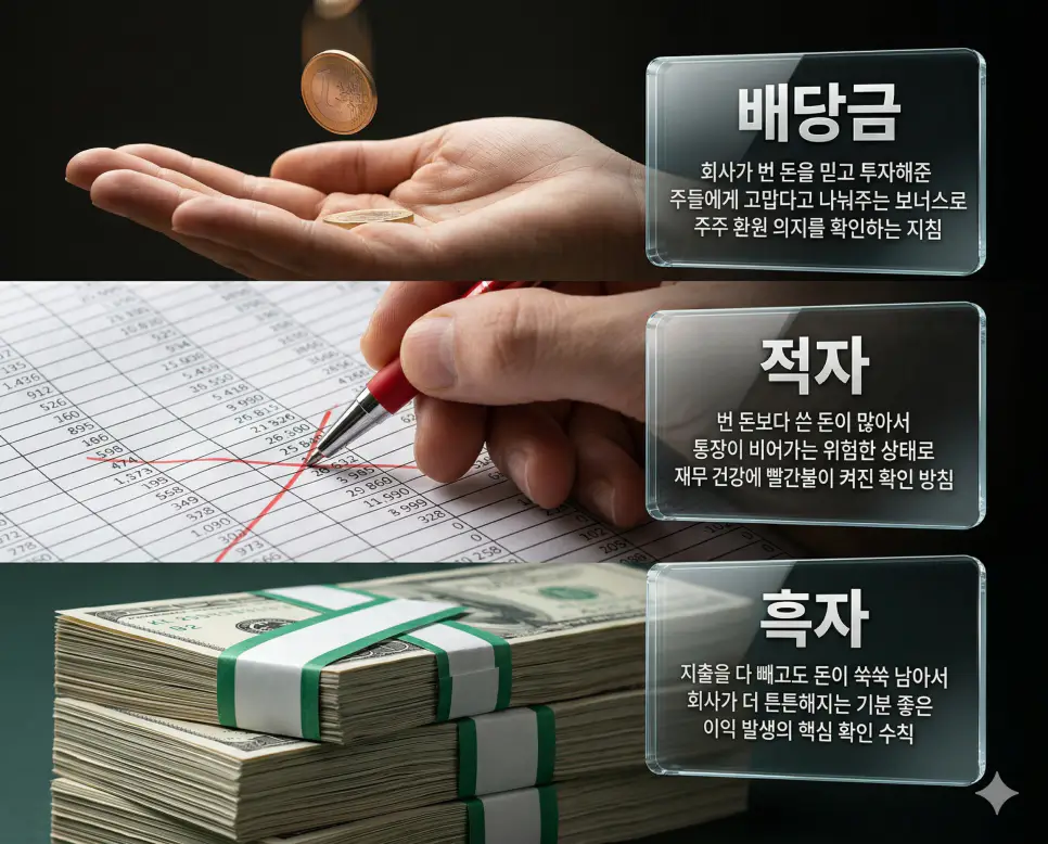 배당금 뜻, 적자 뜻, 흑자 뜻: 기업 이익 분배와 손실 기록 및 이익 발생 정리 4 배당금, 적자, 흑자 키워드 정의와 각각의 기업 재무 상황을 상징하는 사실적인 배경 위에 유리 패널로 정리한 고품격 실사 인포그래픽