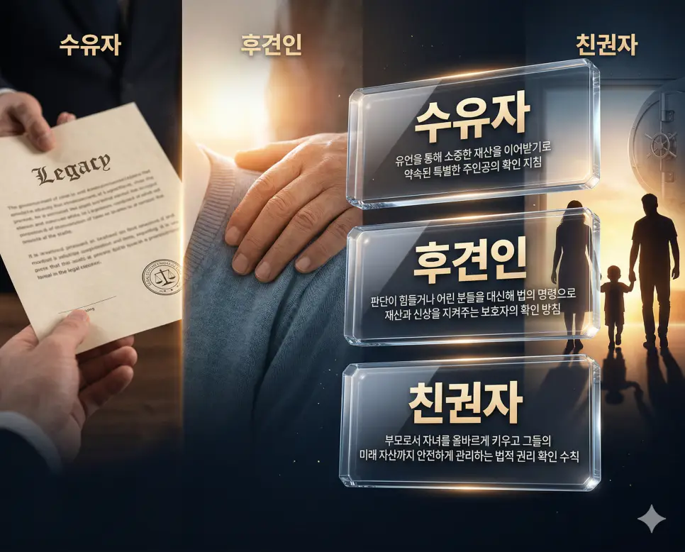수유자 뜻, 후견인 뜻, 친권자 뜻 정리: 유언 수혜와 법적 보호자 권한 확인 4 수유자, 후견인, 친권자 키워드 정의와 각각의 유언 승계 및 법적 보호 상황을 사실적인 배경 위에 유리 패널로 정리한 고품격 실사 인포그래픽