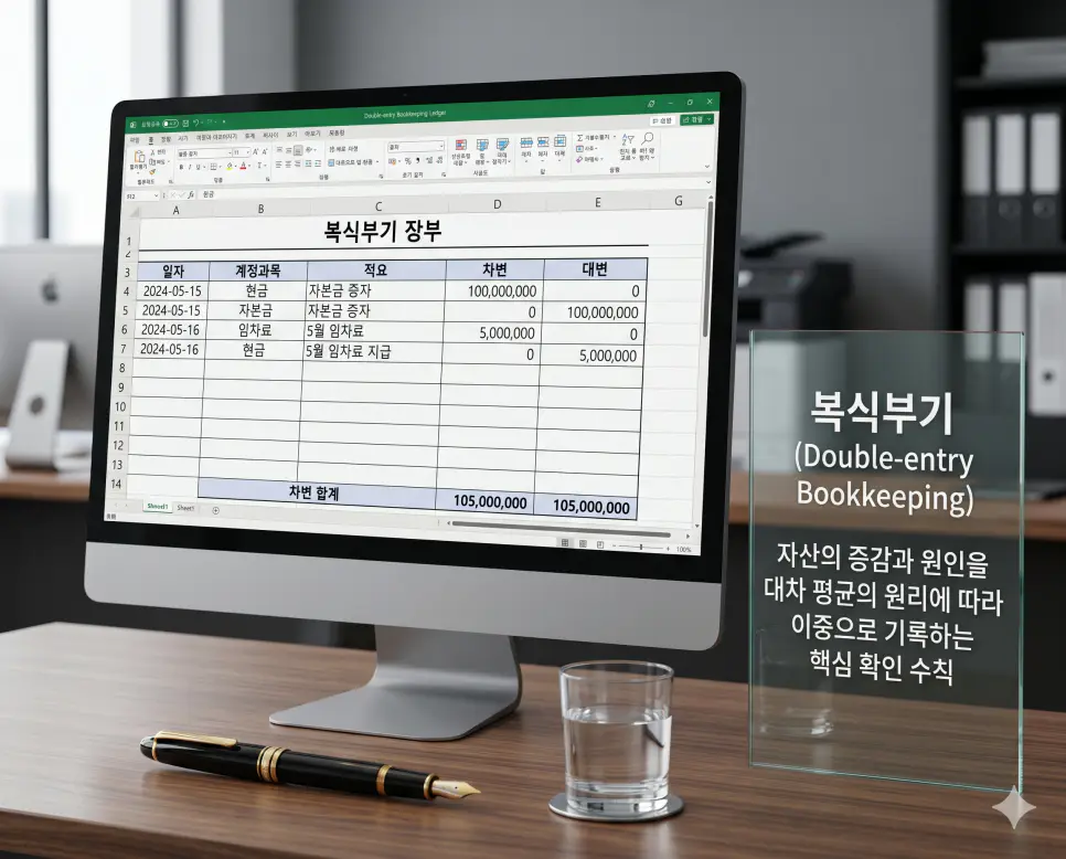 환급 뜻, 경정청구 뜻, 복식부기 뜻 정리: 세액 회수와 투명 회계 확인 지침 3 복식부기 뜻을 상징하기 위해 자산의 증감뿐만 아니라 그 원인을 차변과 대변으로 나누어 이중으로 기록하는 회계 장부와 대차 평균의 원리를 보여주는 실사 이미지
