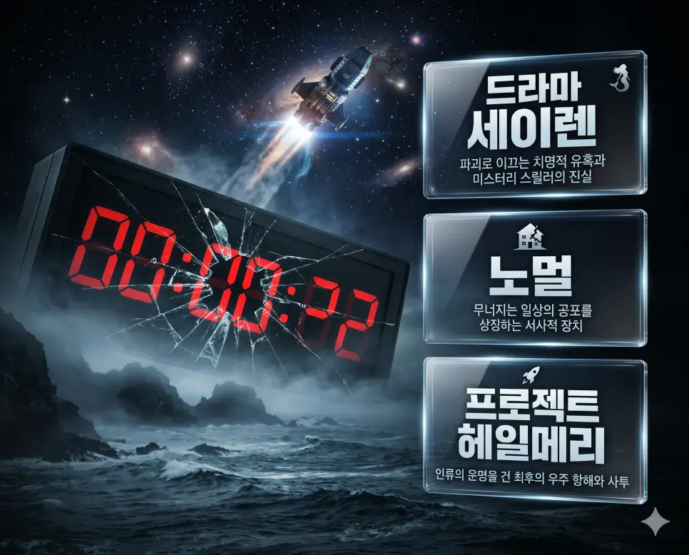 드라마 세이렌 뜻, 노멀 뜻, 프로젝트 헤일메리 뜻 정리: 스릴러와 SF 핫키워드 확인 4 한국인 전문가들과 함께 드라마 세이렌, 노멀, 프로젝트 헤일메리의 서사적 의미를 분석하여 장르적 가치를 진단하는 프리미엄 포스터 이미지
