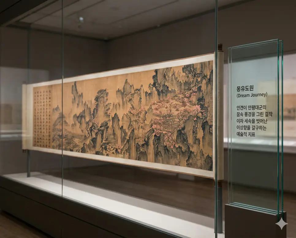 몽유도원 뜻, 오펀스 뜻, 크라임 뜻 정리: 조선의 이상향과 소외된 영혼 및 범죄 확인 1 몽유도원 뜻을 설명하기 위해 조선 전기 화가 안견이 그린 이상향의 풍경과 복숭아꽃이 만개한 신비로운 산세를 감상할 수 있는 고화질 실사 이미지