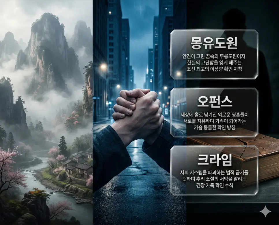 몽유도원 뜻, 오펀스 뜻, 크라임 뜻 정리: 조선의 이상향과 소외된 영혼 및 범죄 확인 4 몽유도원, 오펀스, 크라임 키워드 정의와 각각의 예술적 이상향 및 인문학적 성장 상황을 사실적인 배경 위에 유리 패널로 정리한 고품격 실사 인포그래픽